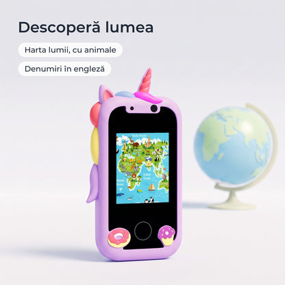 Telefon educativ pentru copii, culoare: violet, descoperă lumea, harta lumii cu animale, denumiri în engleză 
