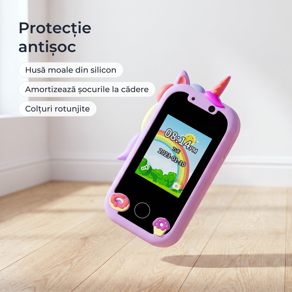 Telefon educativ pentru copii, culoare: violet, protecție antișoc, husă moale din silicon, colțuri rotunjite 