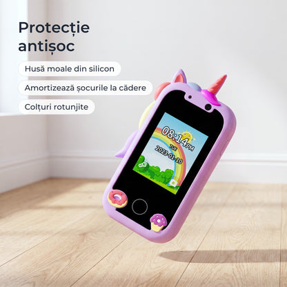 Telefon educativ pentru copii, culoare: violet, protecție antișoc, husă moale din silicon, colțuri rotunjite 