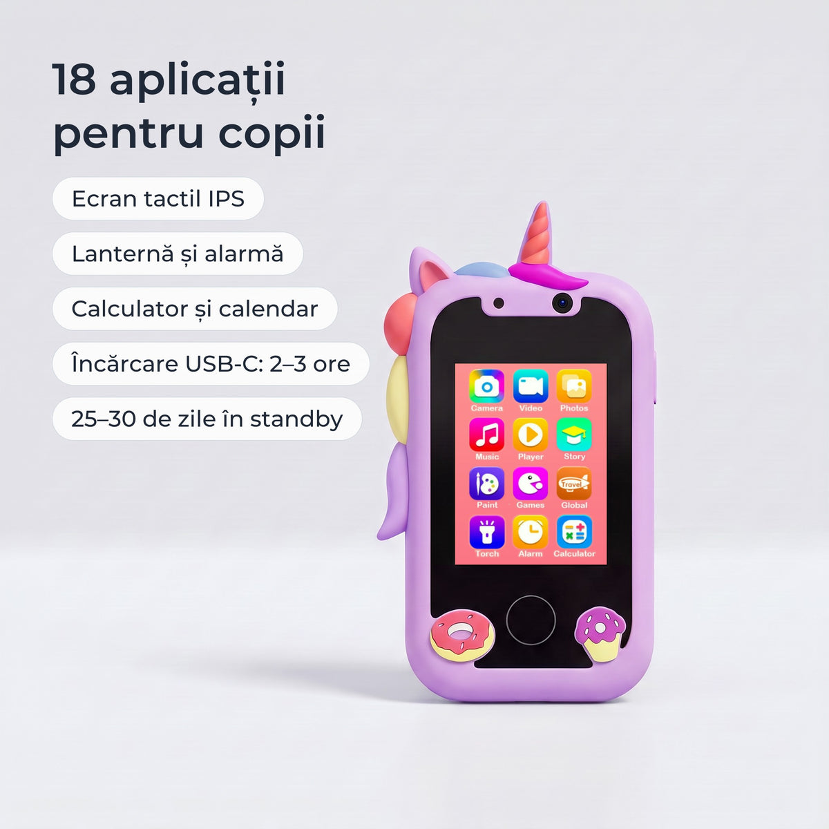 Telefon educativ pentru copii, culoare: violet, 18 aplicații pentru copii, ecran tactil IPS, încărcare USB-C, 25–30 de zile în standby 