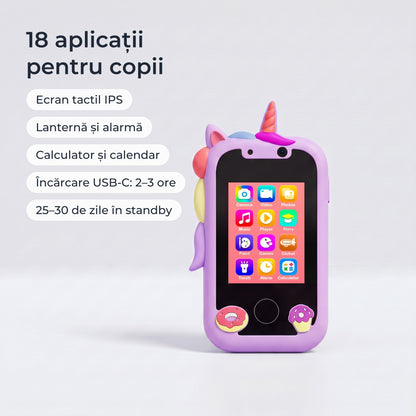 Telefon educativ pentru copii, culoare: violet, 18 aplicații pentru copii, ecran tactil IPS, încărcare USB-C, 25–30 de zile în standby 