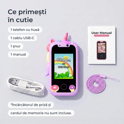 Telefon educativ pentru copii, culoare: violet, ce primești în cutie: telefon cu husă, cablu USB-C, șnur și manual 