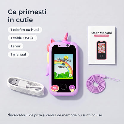 Telefon educativ pentru copii, culoare: violet, ce primești în cutie: telefon cu husă, cablu USB-C, șnur și manual 
