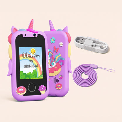 Telefon educativ pentru copii cu unicorn, față și spate, cu cablu USB și șnur, culoare: violet 