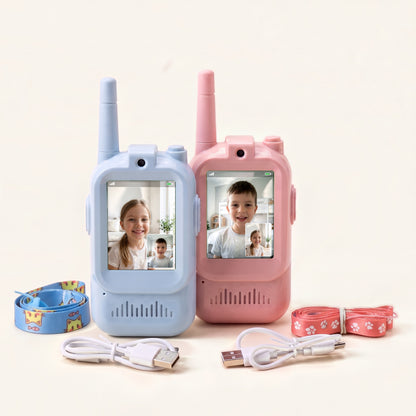 Set de 2 walkie-talkie video pentru copii, una bleu și una roz, cu 2 cabluri USB și 2 șnururi de gât