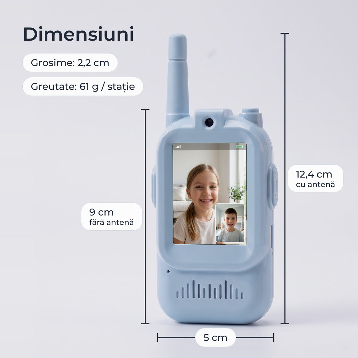 Dimensiunile stației: 9 cm înălțime fără antenă, 12,4 cm cu antenă, 5 cm lățime, 2,2 cm grosime, 61 g
