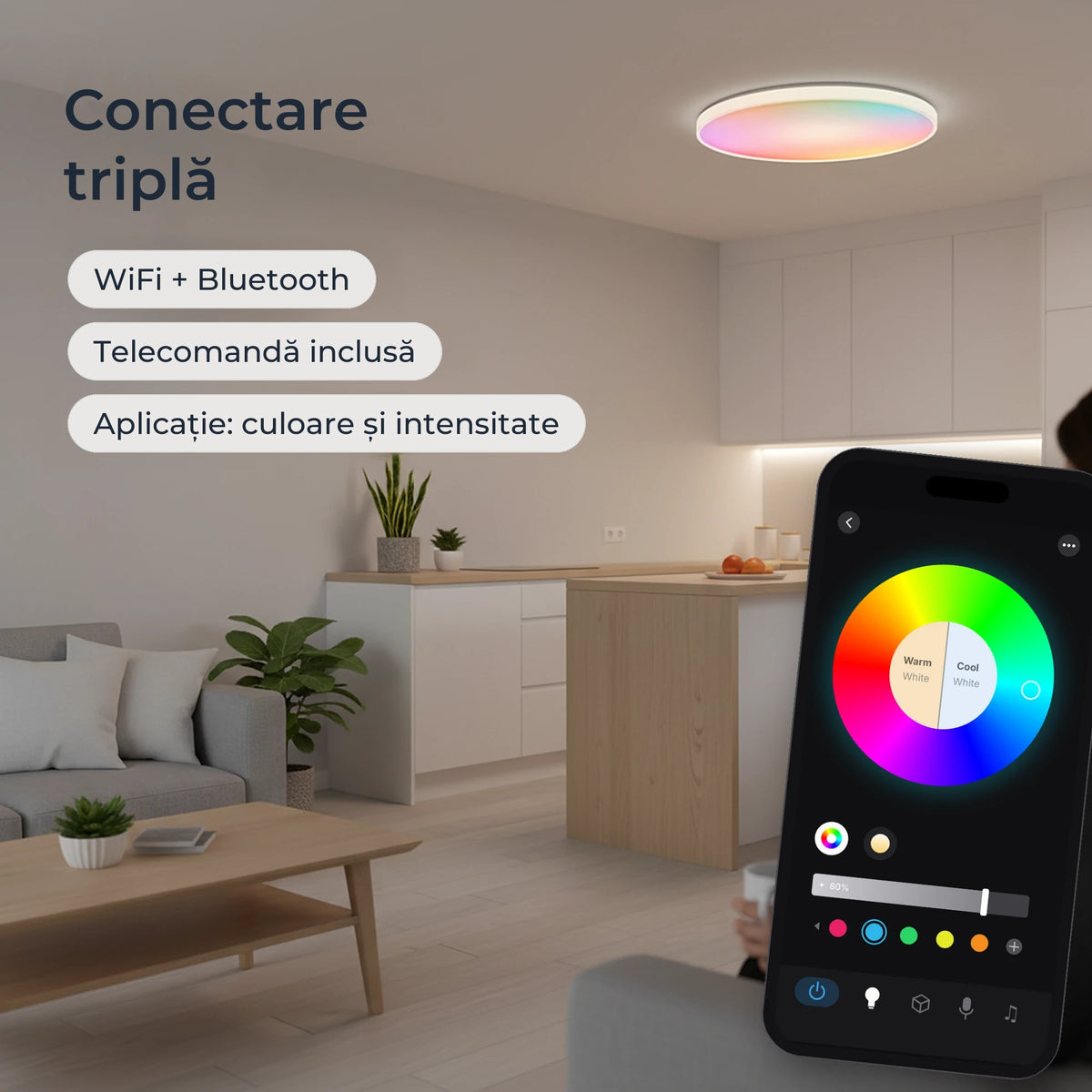 Conectare triplă: WiFi + Bluetooth și telecomandă, cu aplicație pentru culoare și intensitate