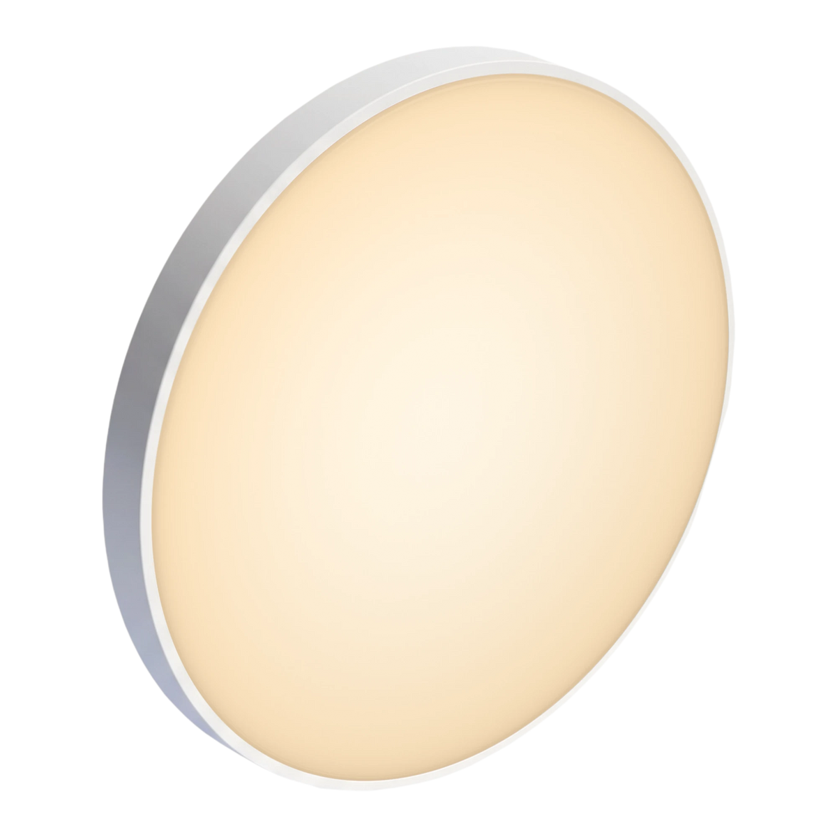 Plafonieră LED smart 30W aprinsă în lumină albă caldă, vedere din lateral