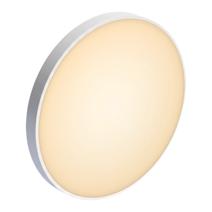 Plafonieră LED smart 30W aprinsă în lumină albă caldă, vedere din lateral
