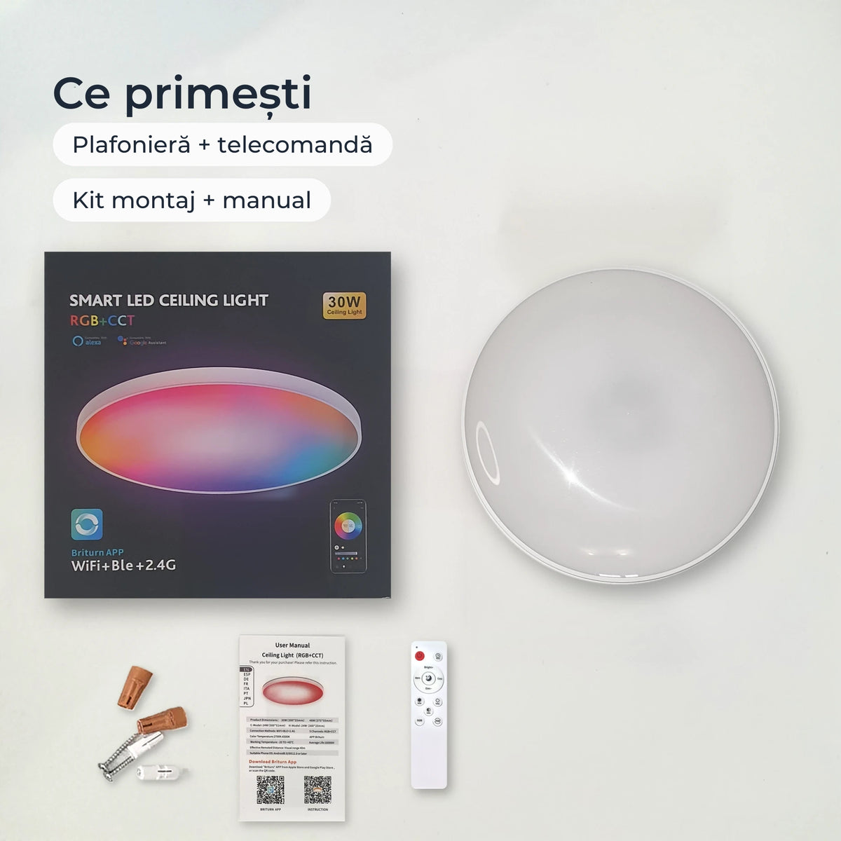 Ce primești: plafonieră, telecomandă, kit de montaj și manual